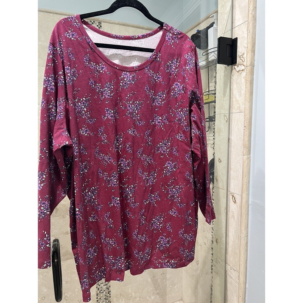 Woman Within Floral Tunic Plus Size Blouse 3X Long Sleeve Red Pink Cotton 30/32